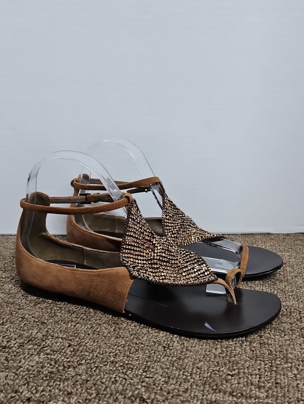 Lola Cruz Brown & Tan Leather Rhinestone Design Sandals Sz 39